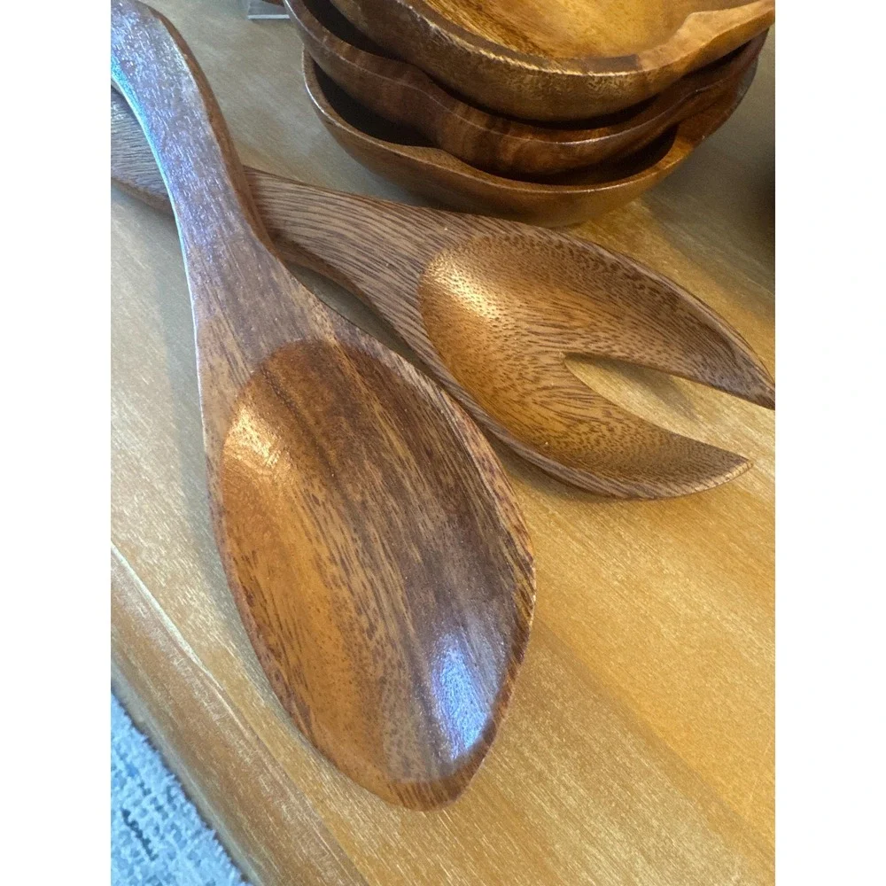Vintage Monkey Pod 9 pc Salad Bowl Set -6 Bowls,2 Serving Pieces & Large Bowl